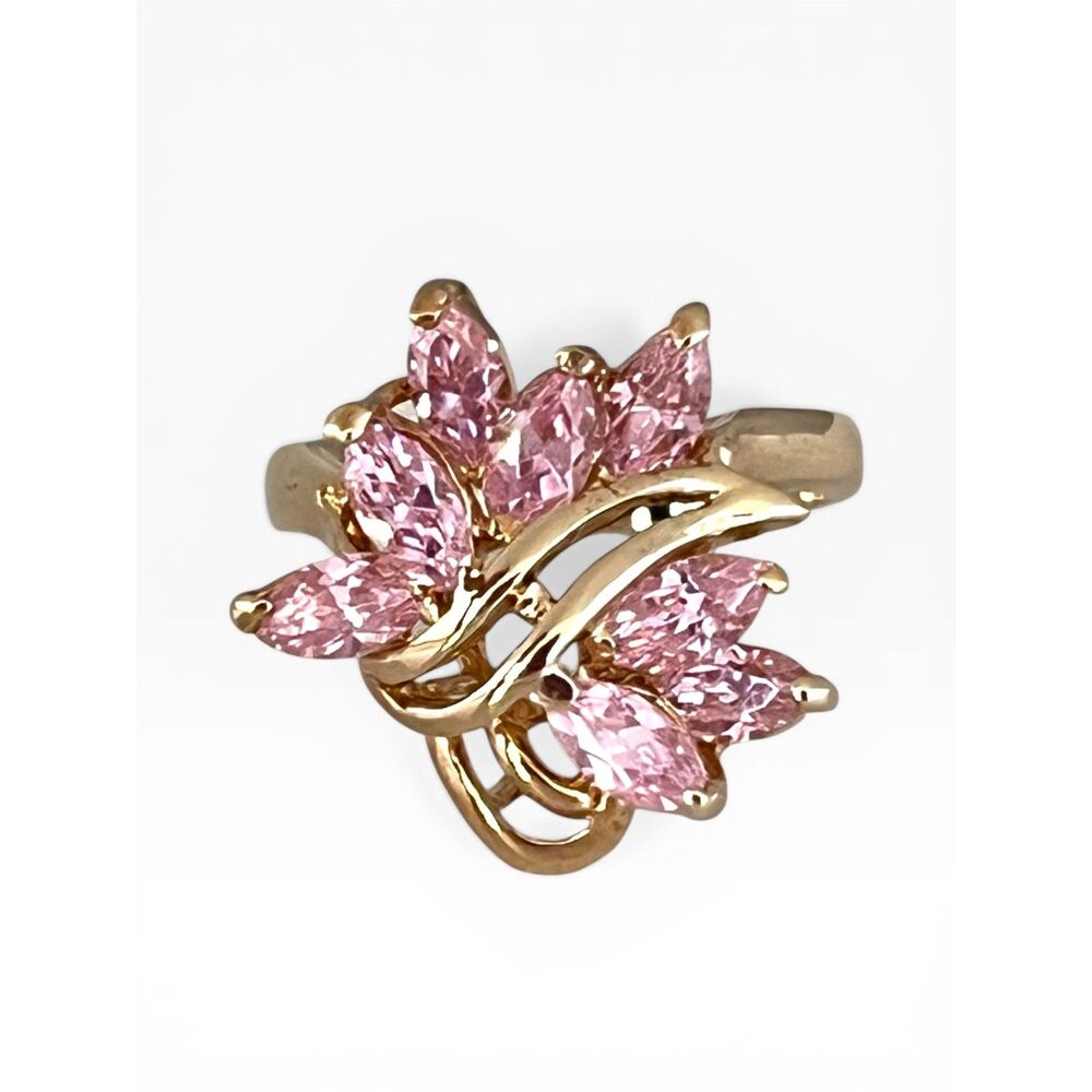 Vintage 1980s Pink CZ Cluster Ring Size 8 14KTGE Gold Plate - 14D